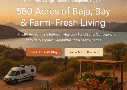 Hero image of Flora Farms Mulegé RV camping on 560-acre private land above Bahía Concepción, Baja California Sur, with bay views, desert cacti, camper vans, eco dry camping, and nearby organic farm stand with fresh vegetables.